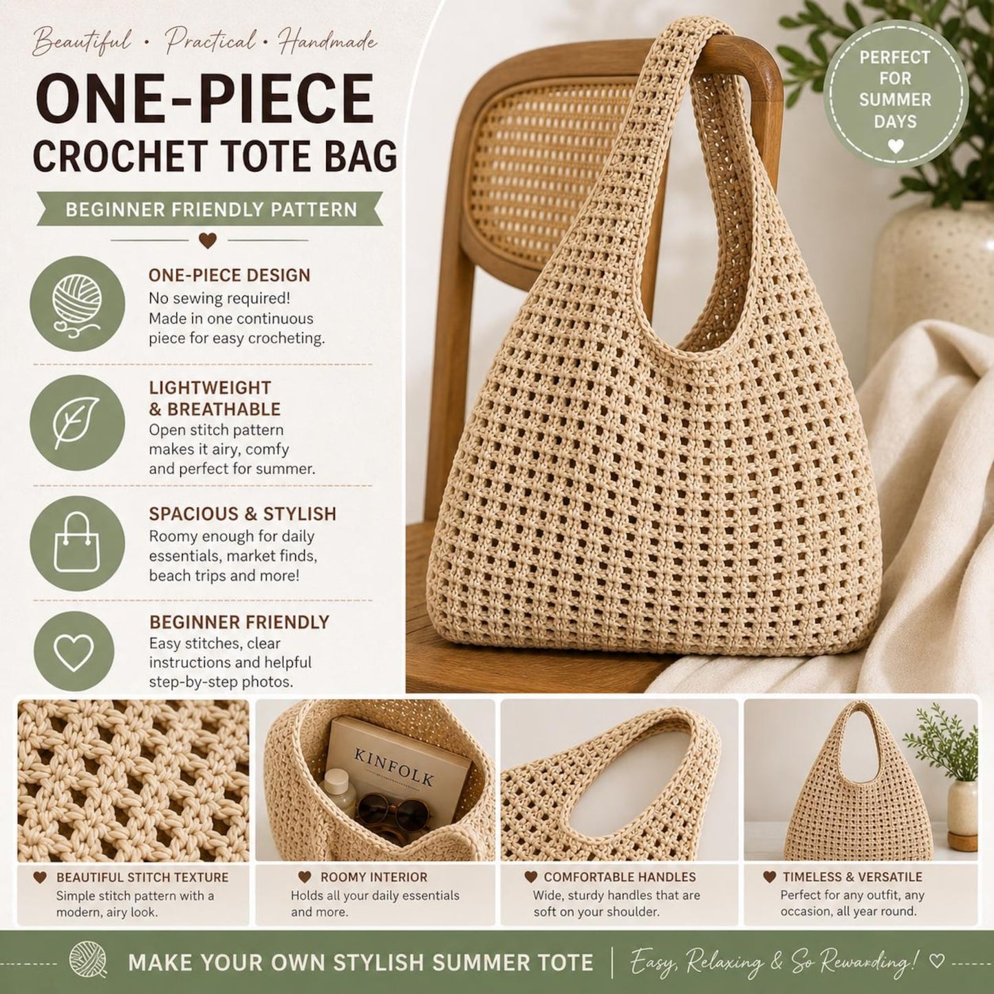 Summer Tote Crochet Pattern One Piece, No-Sew Design