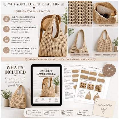 Summer Tote Crochet Pattern One Piece, No-Sew Design