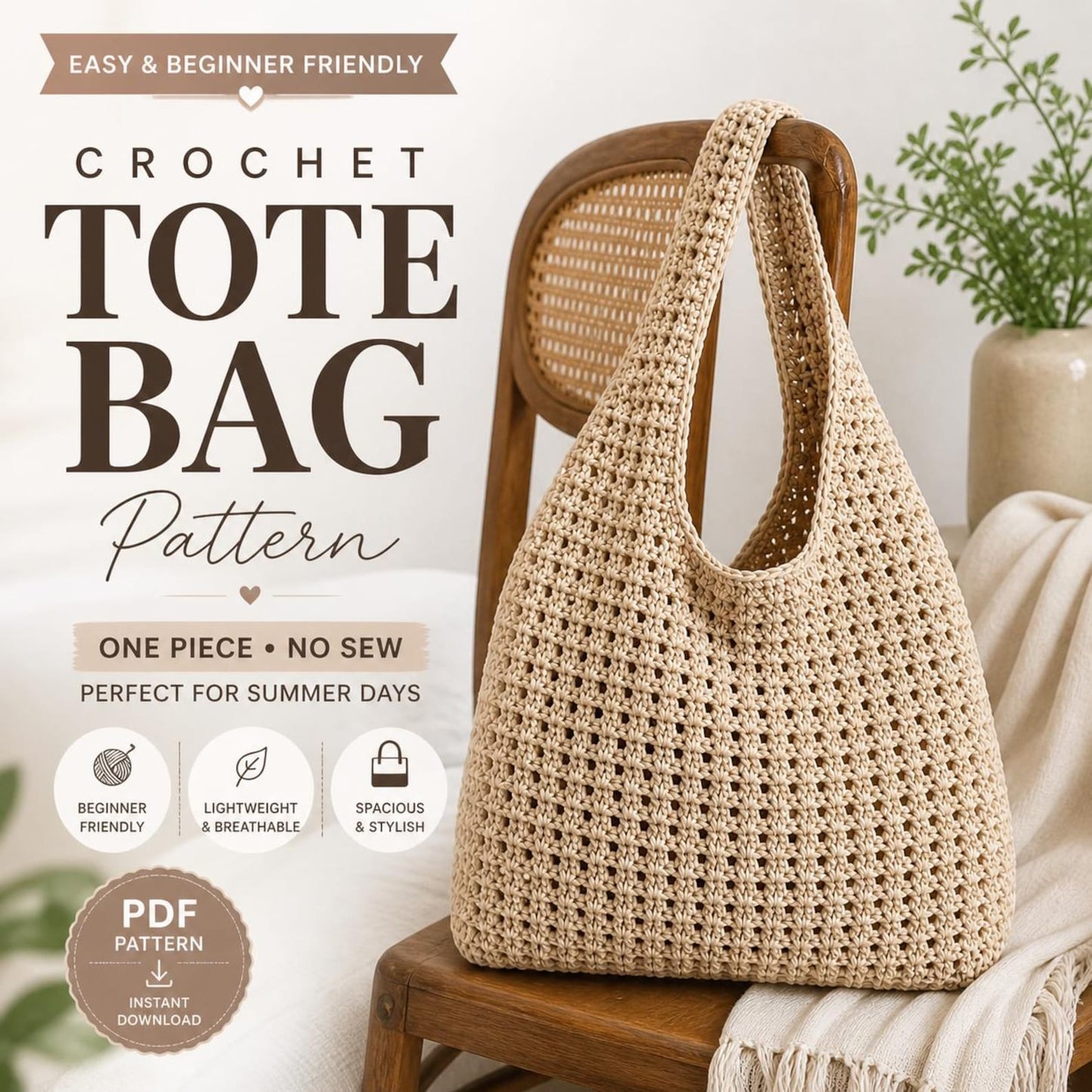 Summer Tote Crochet Pattern One Piece, No-Sew Design