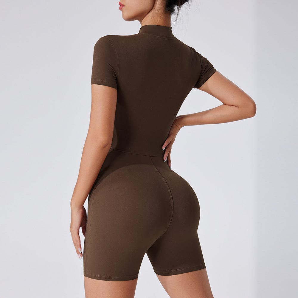 Women's Short Sleeved Yoga Shaping Jumpsuit with Front Zipper