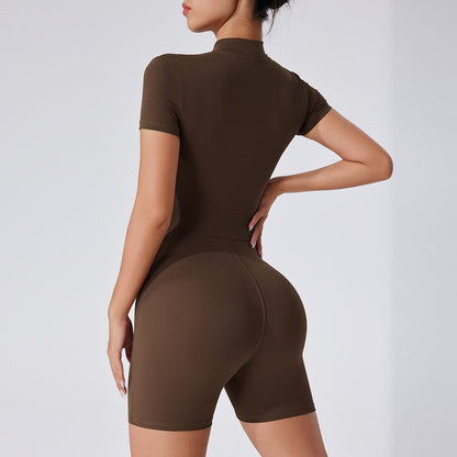 Women's Short Sleeved Yoga Shaping Jumpsuit with Front Zipper