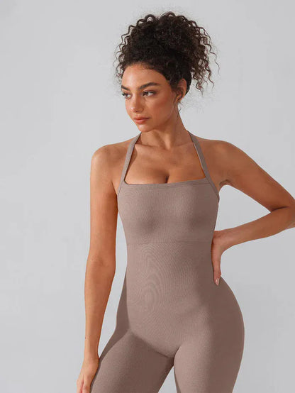Seamless Yoga Jumpsuit with Built-in Bra Sculpting Butterfly Back Workout Bodysuit