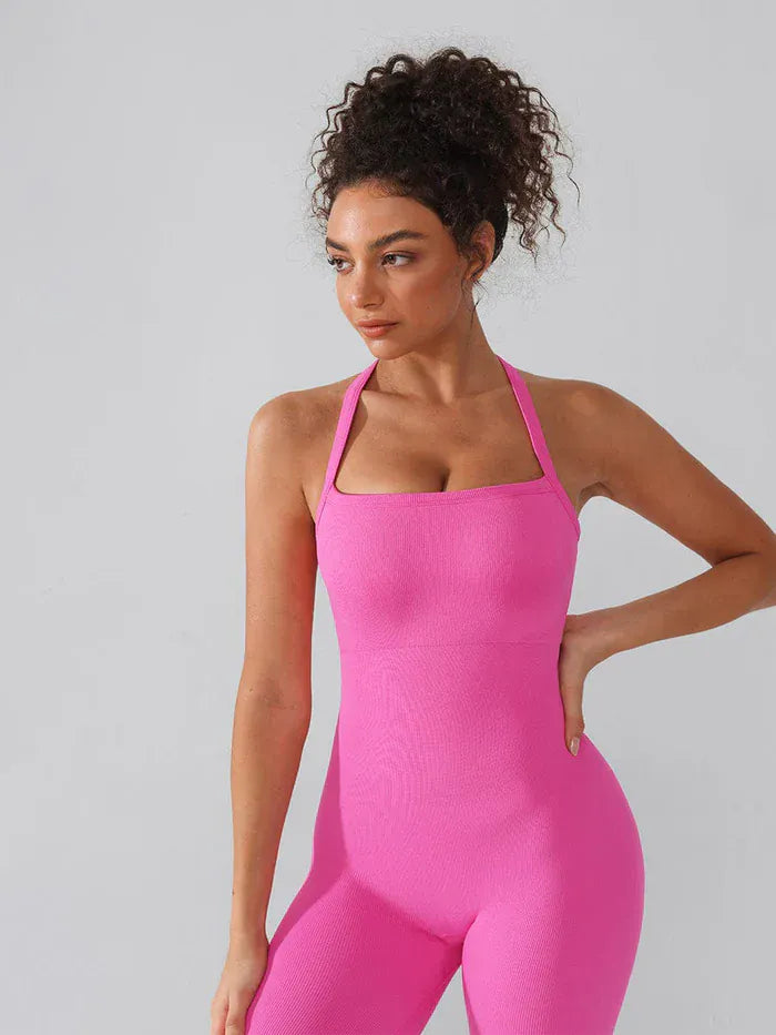 Seamless Yoga Jumpsuit with Built-in Bra Sculpting Butterfly Back Workout Bodysuit