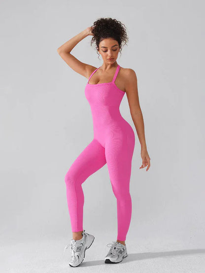 Seamless Yoga Jumpsuit with Built-in Bra Sculpting Butterfly Back Workout Bodysuit