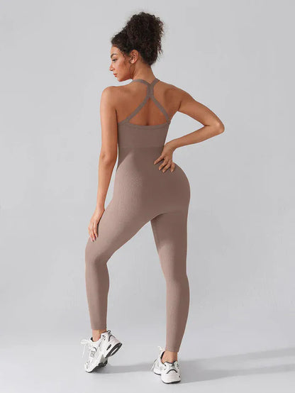 Seamless Yoga Jumpsuit with Built-in Bra Sculpting Butterfly Back Workout Bodysuit