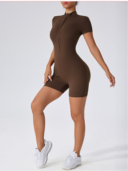 Women's Short Sleeved Yoga Shaping Jumpsuit with Front Zipper