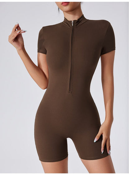 Women's Short Sleeved Yoga Shaping Jumpsuit with Front Zipper