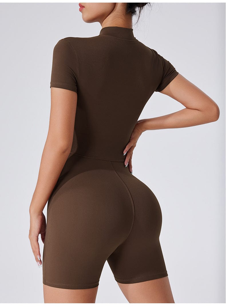 Women's Short Sleeved Yoga Shaping Jumpsuit with Front Zipper