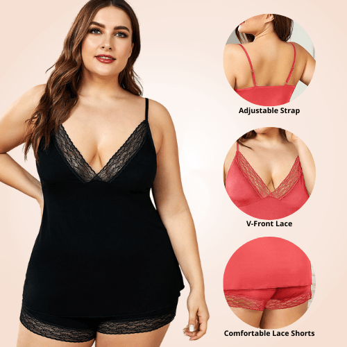 Plus Size Knit Lace Trim Lingerie Short Set Sleepwear