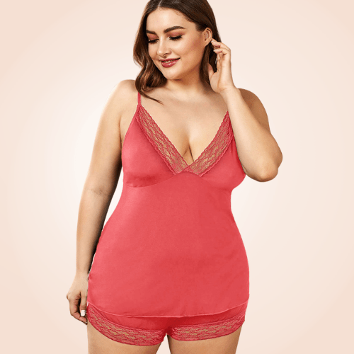 Plus Size Knit Lace Trim Lingerie Short Set Sleepwear