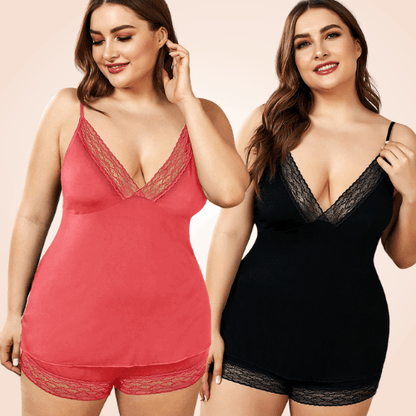 Plus Size Knit Lace Trim Lingerie Short Set Sleepwear