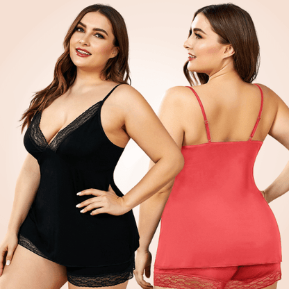 Plus Size Knit Lace Trim Lingerie Short Set Sleepwear