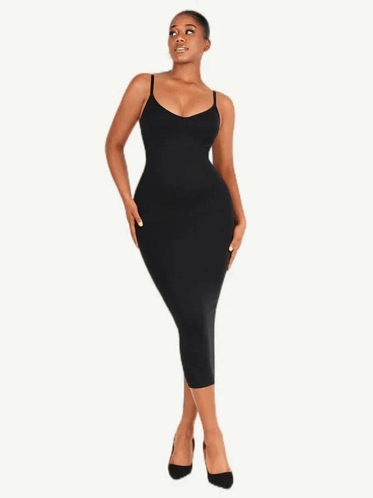 V Neck Bodycon Midi Shaper Dress with Spaghetti Straps