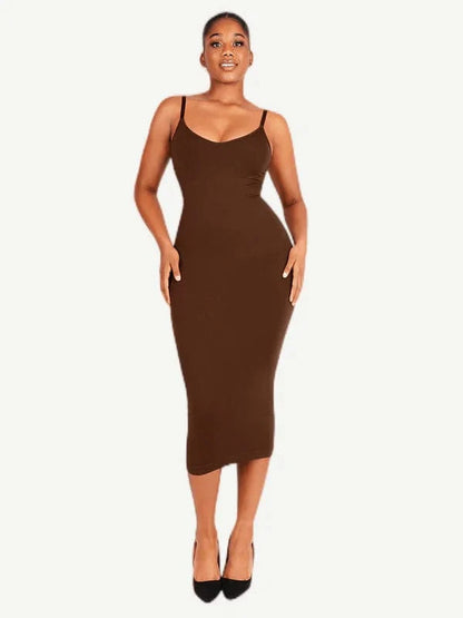 V Neck Bodycon Midi Shaper Dress with Spaghetti Straps