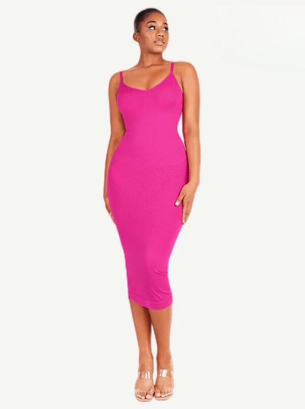 V Neck Bodycon Midi Shaper Dress with Spaghetti Straps