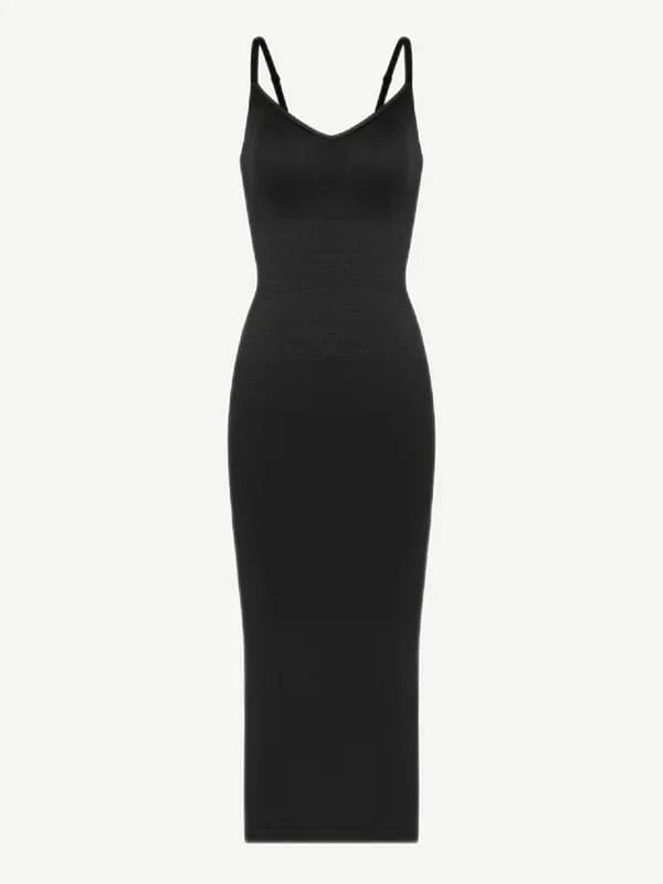 V Neck Bodycon Midi Shaper Dress with Spaghetti Straps