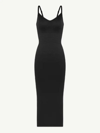 V Neck Bodycon Midi Shaper Dress with Spaghetti Straps