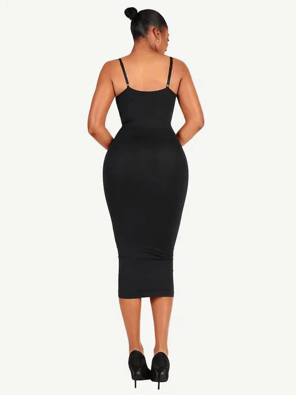 V Neck Bodycon Midi Shaper Dress with Spaghetti Straps