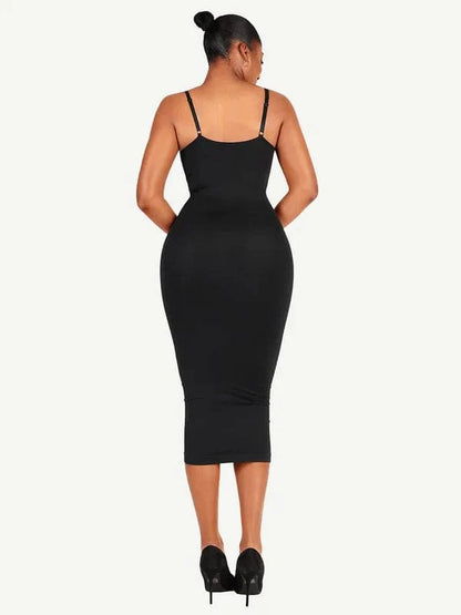 V Neck Bodycon Midi Shaper Dress with Spaghetti Straps