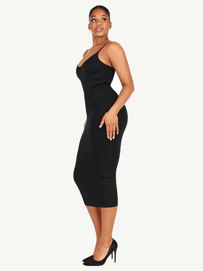 V Neck Bodycon Midi Shaper Dress with Spaghetti Straps