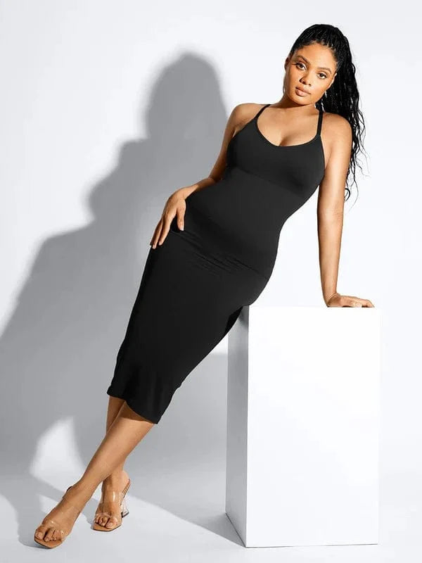 V Neck Bodycon Midi Shaper Dress with Spaghetti Straps