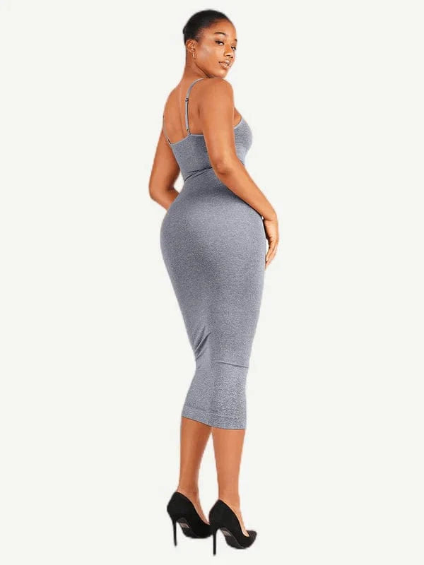 V Neck Bodycon Midi Shaper Dress with Spaghetti Straps