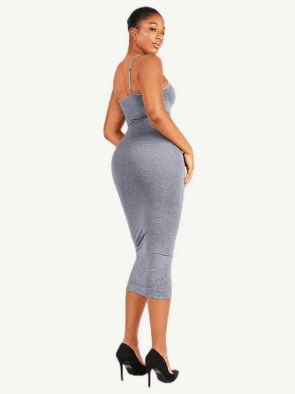 V Neck Bodycon Midi Shaper Dress with Spaghetti Straps