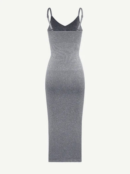 V Neck Bodycon Midi Shaper Dress with Spaghetti Straps