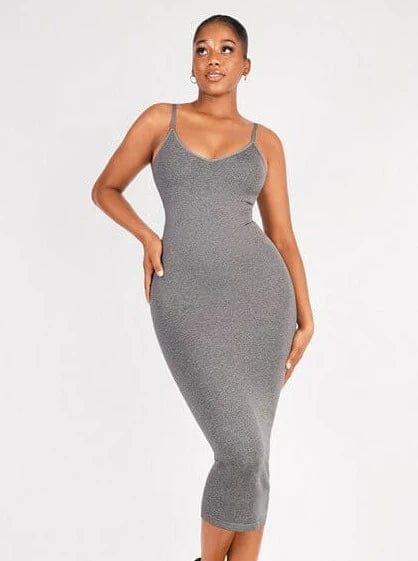 V Neck Bodycon Midi Shaper Dress with Spaghetti Straps