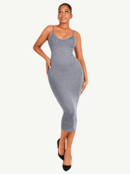 V Neck Bodycon Midi Shaper Dress with Spaghetti Straps