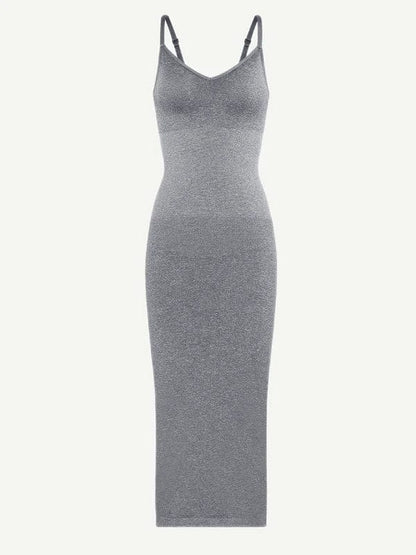 V Neck Bodycon Midi Shaper Dress with Spaghetti Straps