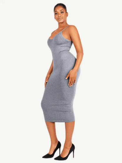 V Neck Bodycon Midi Shaper Dress with Spaghetti Straps