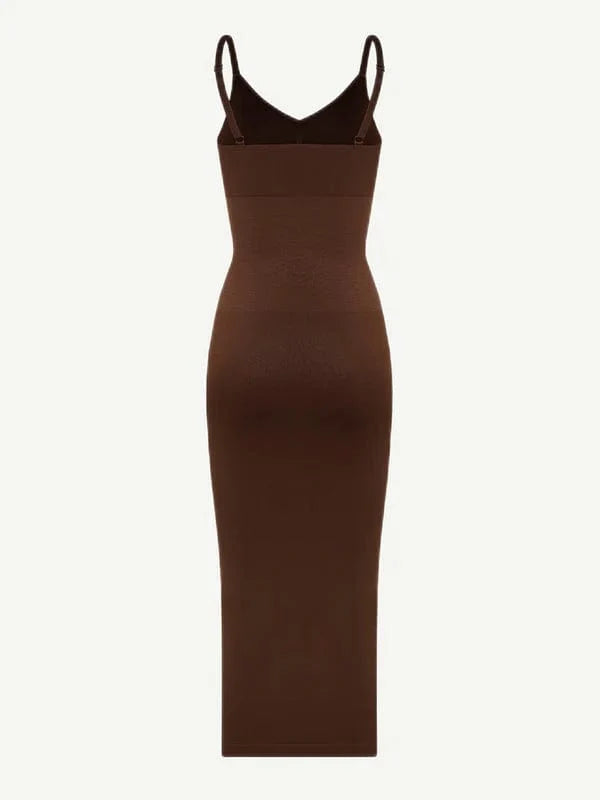 V Neck Bodycon Midi Shaper Dress with Spaghetti Straps