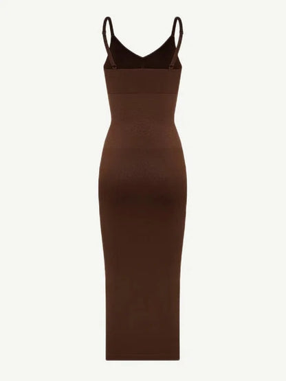 V Neck Bodycon Midi Shaper Dress with Spaghetti Straps