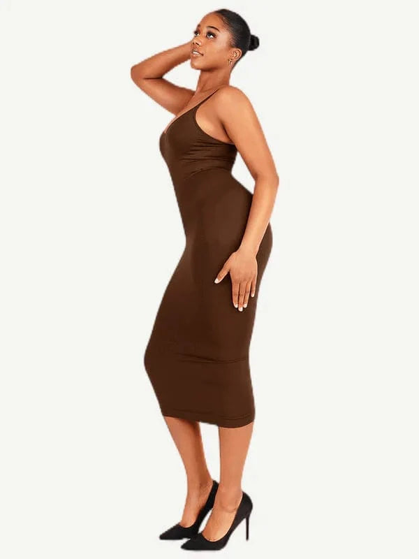 V Neck Bodycon Midi Shaper Dress with Spaghetti Straps