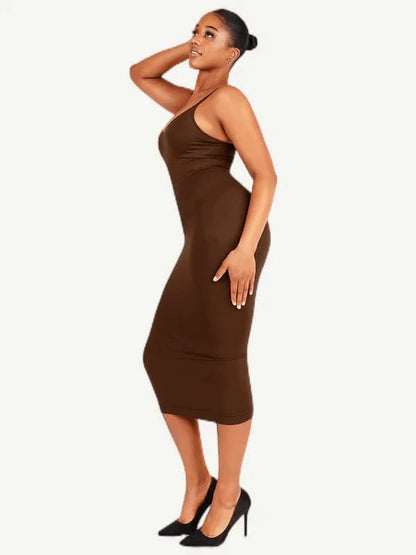 V Neck Bodycon Midi Shaper Dress with Spaghetti Straps