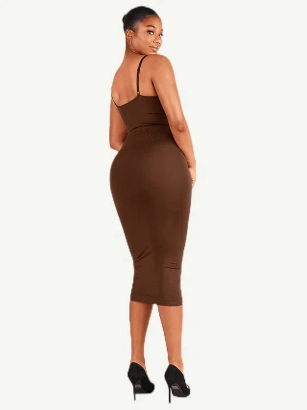 V Neck Bodycon Midi Shaper Dress with Spaghetti Straps