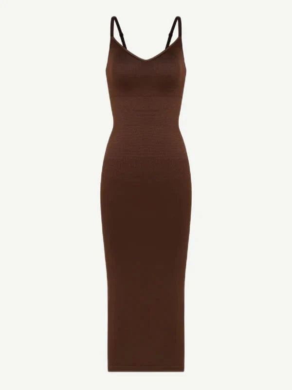 V Neck Bodycon Midi Shaper Dress with Spaghetti Straps