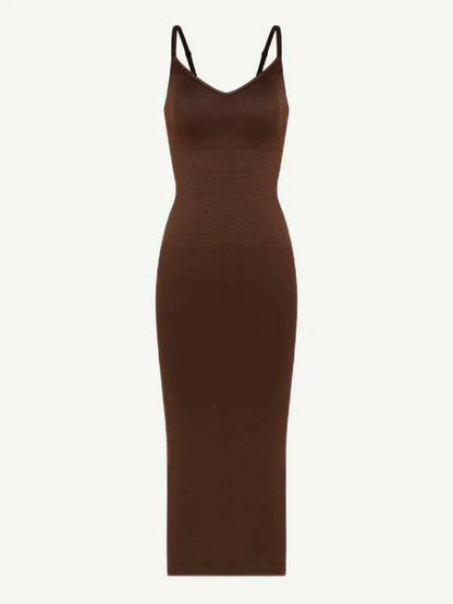 V Neck Bodycon Midi Shaper Dress with Spaghetti Straps