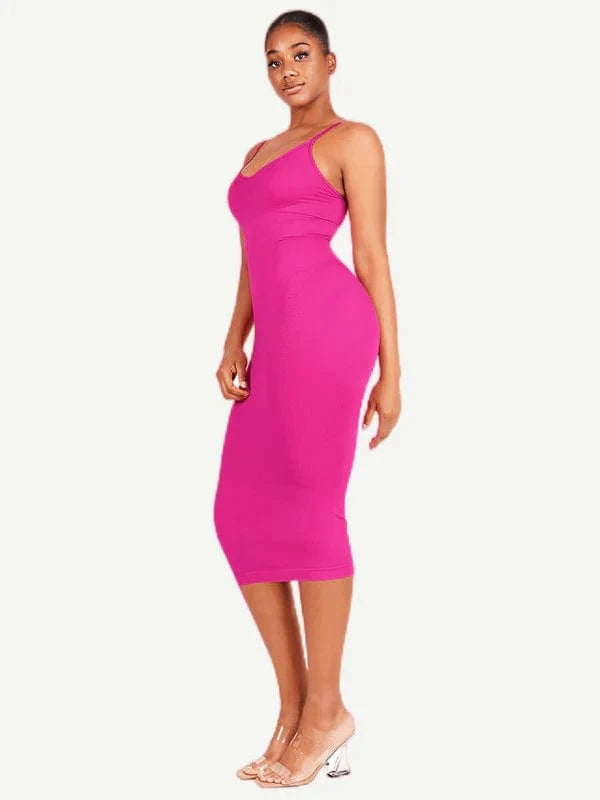 V Neck Bodycon Midi Shaper Dress with Spaghetti Straps