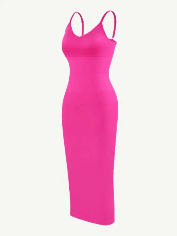 V Neck Bodycon Midi Shaper Dress with Spaghetti Straps