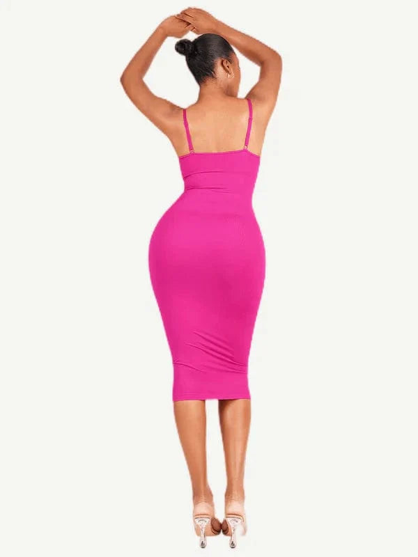 V Neck Bodycon Midi Shaper Dress with Spaghetti Straps