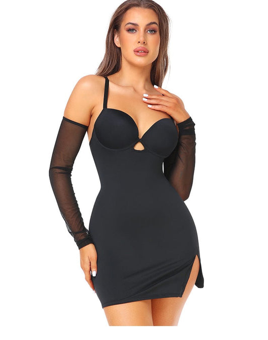 Slimming Side Slit Shaper Mini Slip Dress with Built-In Bra | Curve-Hugging Shapewear Under Dress