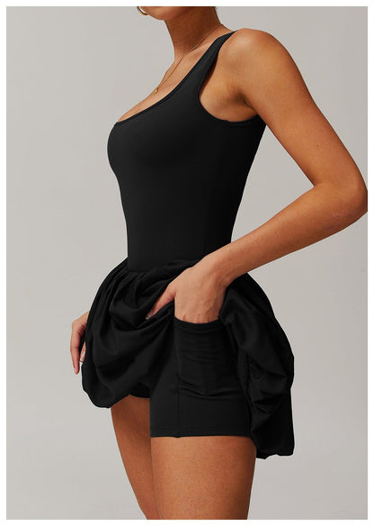 Women Square Neck Sports Tennis Dress with Built-In Pocketed Shorts