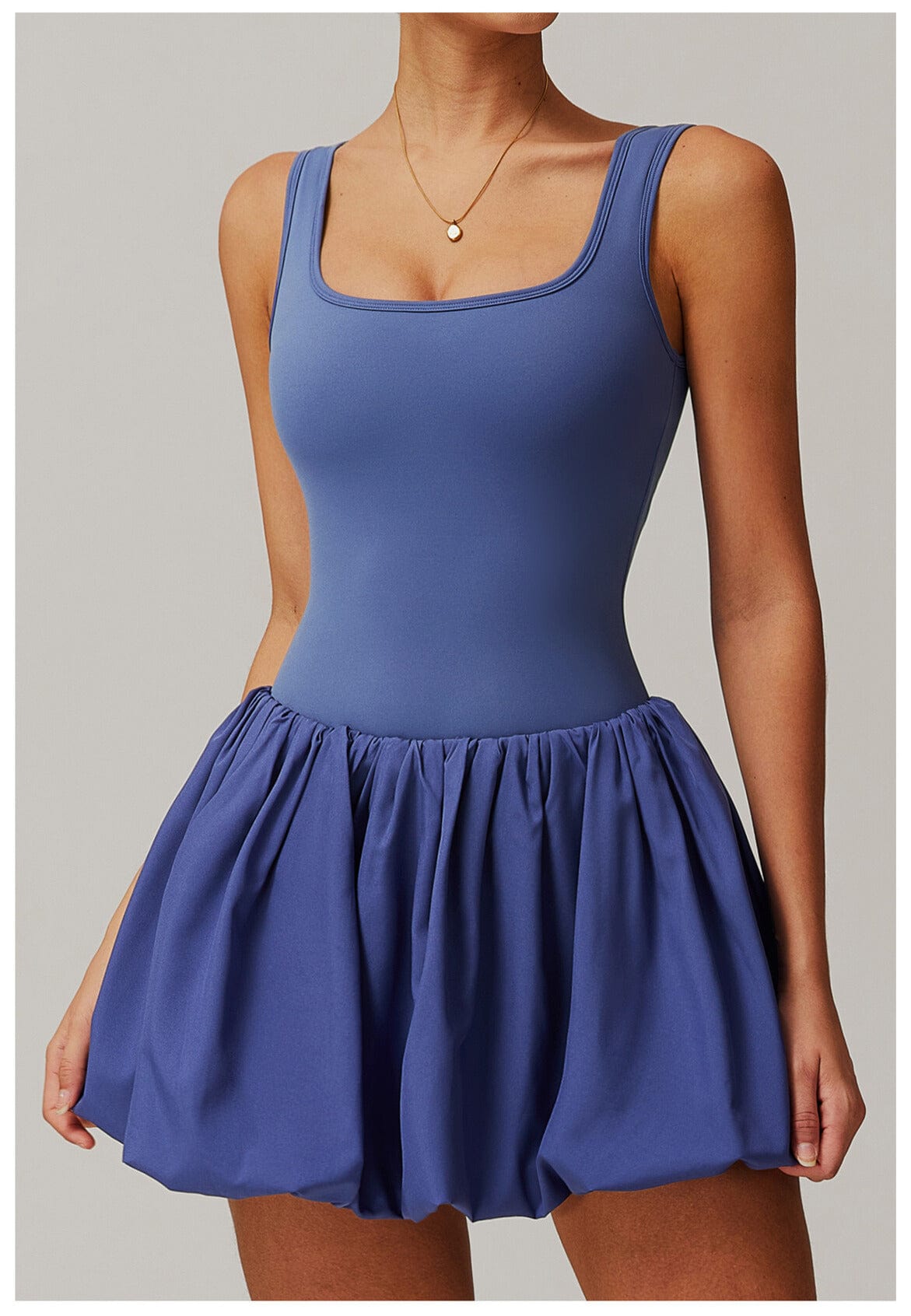 Women Square Neck Sports Tennis Dress with Built-In Pocketed Shorts