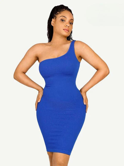 Summer One Shoulder Tight Bodycon Midi Dress With Built In Bra
