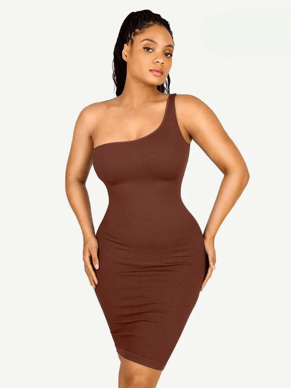 Summer One Shoulder Tight Bodycon Midi Dress With Built In Bra