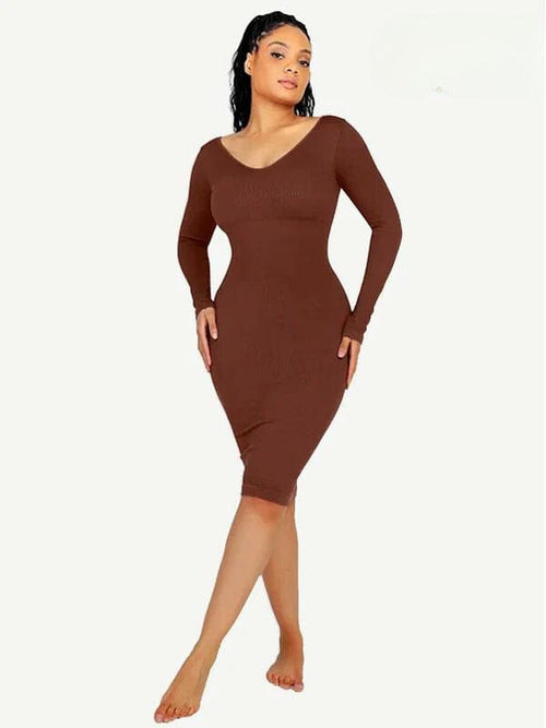 Long Sleeve V Neck Bodycon Waist Cinching Shaper Midi Dress