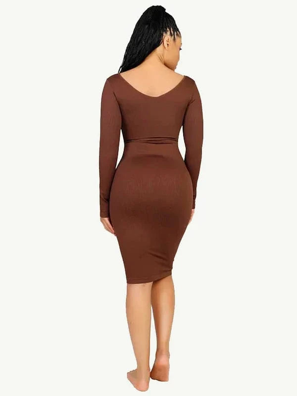 Long Sleeve V Neck Bodycon Waist Cinching Shaper Midi Dress