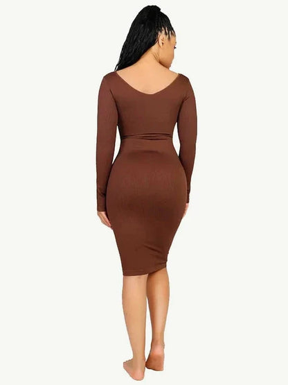 Long Sleeve V Neck Bodycon Waist Cinching Shaper Midi Dress